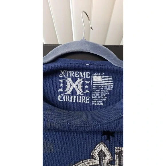 Xtreme Couture Shirt Mens Large Blue Thermal Long Sleeve Cross Wings Graphic - Picture 3 of 8